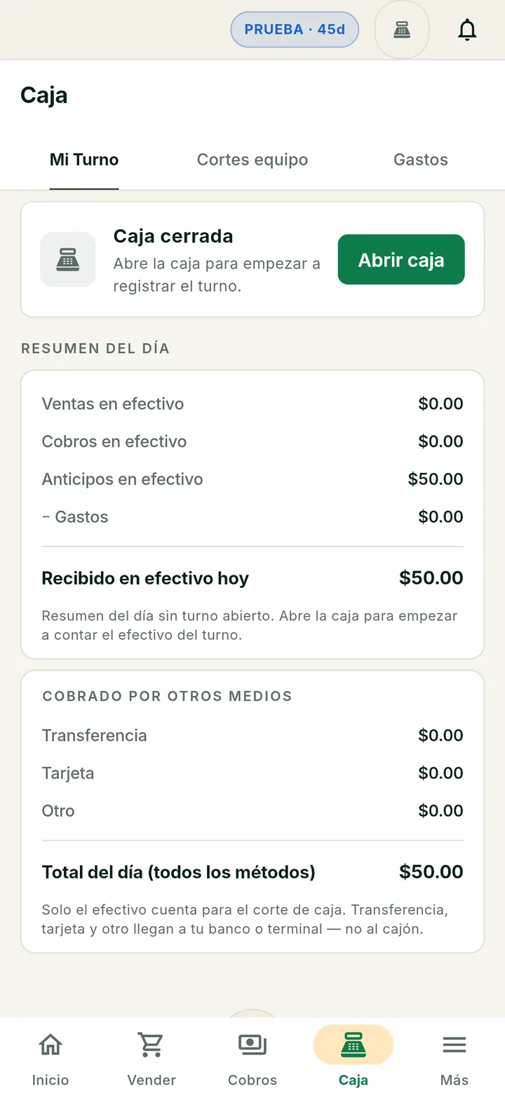 Pantalla de Caja en Abona: resumen del día con efectivo recibido y total, lista para hacer el corte.