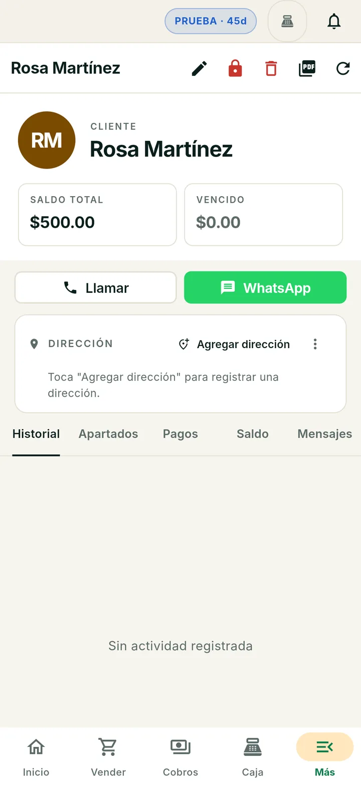 Ficha de un cliente en Abona: saldo total $500, botones para Llamar y mandar WhatsApp, e historial de movimientos.