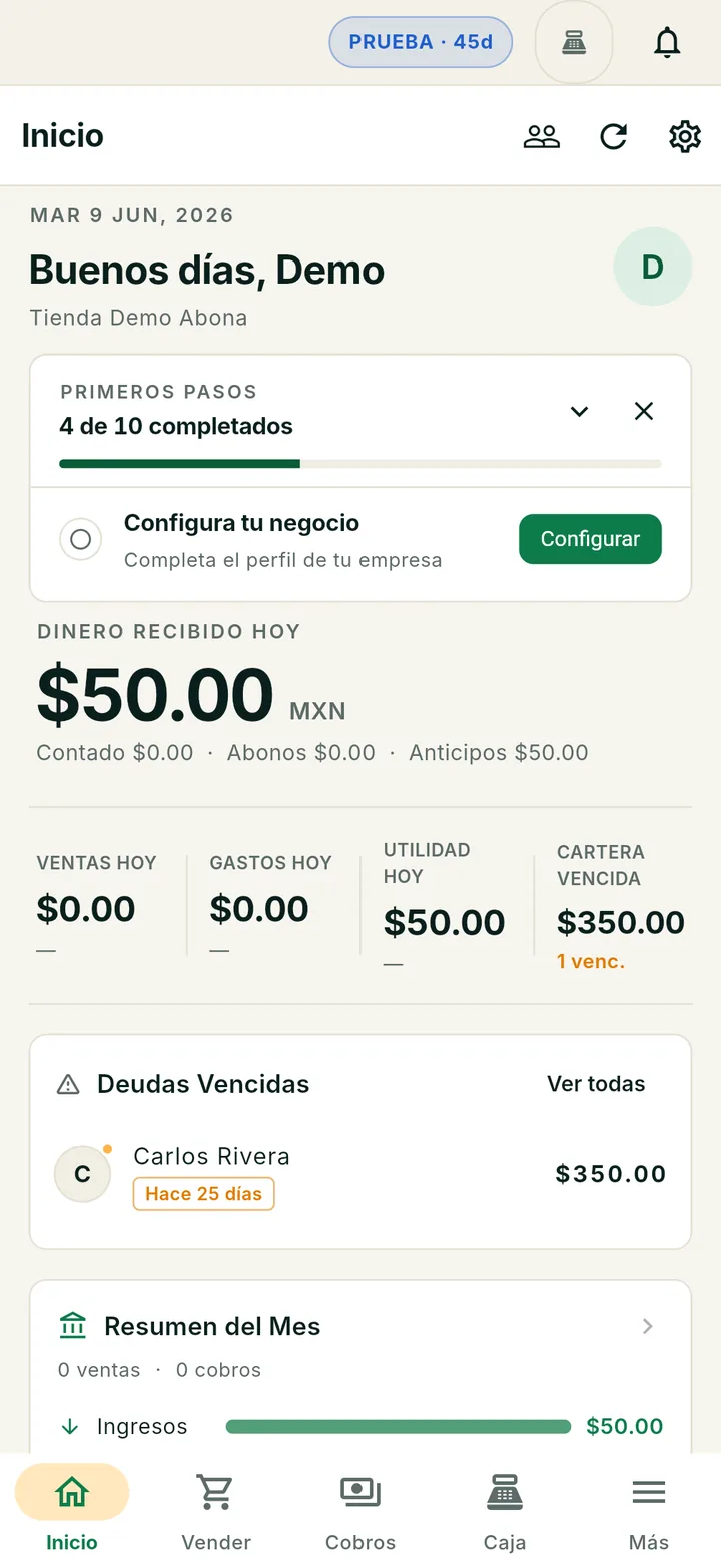 Panel de inicio de Abona: dinero recibido hoy, ventas, utilidad, cartera vencida y deudas por cobrar.